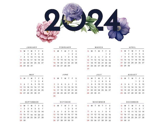 Vector 2024 calendar with simple colorful flowers