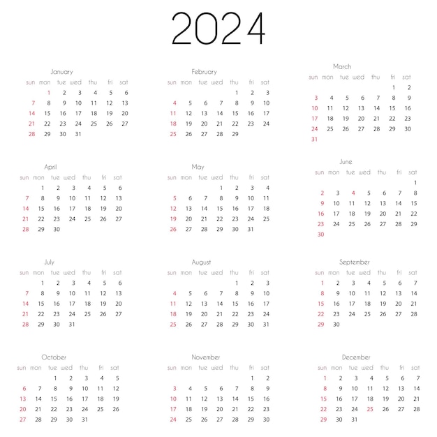 2024 Calendar year template Vector illustration of annual calendar 2024 12 month grid week starts on Sunday