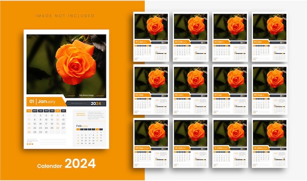 Вектор Дизайн шаблона календаря 2024 дизайн настенного календаря 2024