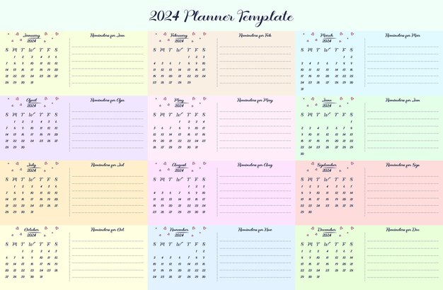 2024 cute planner kalender vector sjabloon