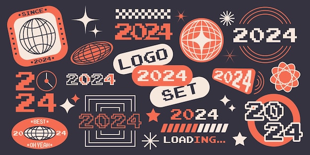 2024 decoration sticker design set Happy New Year 2024 logo text design Christmas collection 2024