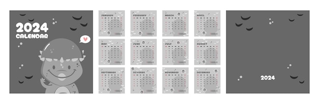 Vector 2024 dinosaur pachycephalosaurus calendar template