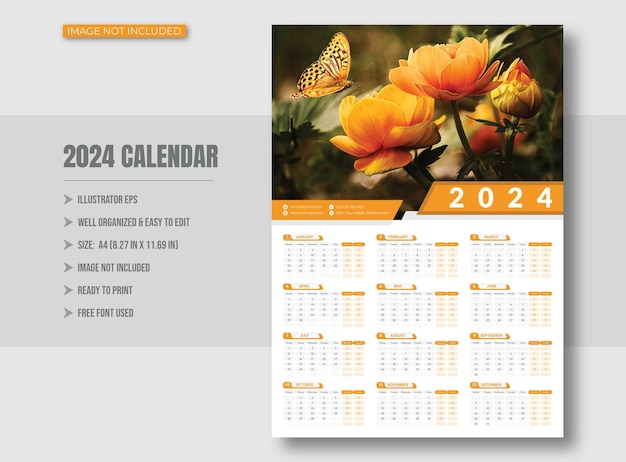 2024 een pagina corporate muur kalender ontwerp sjabloon