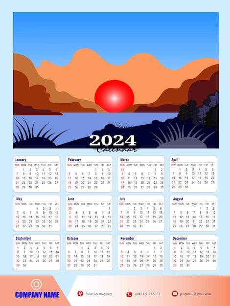 2024 Een pagina muur kalender ontwerp sjabloon moderne 12 maanden één pagina kalender muur kalender