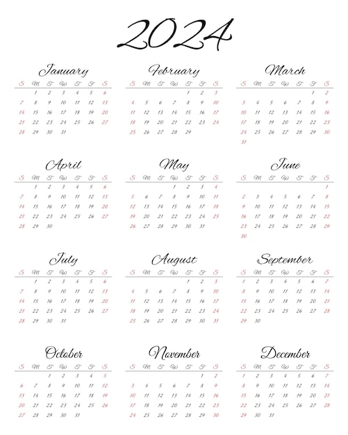 Vector 2024 engelse kalender moderne vectorillustratie