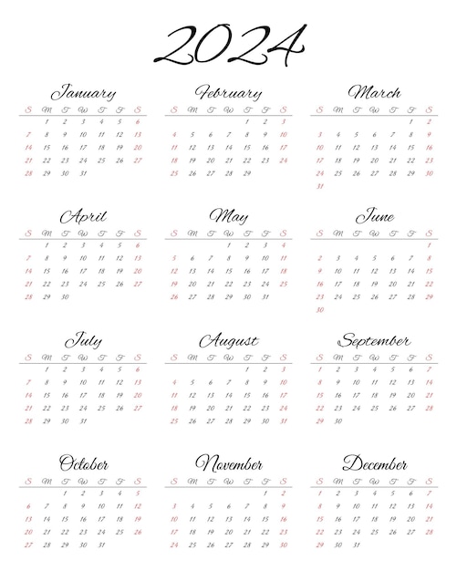 Vector 2024 english calendar modern vector illustration