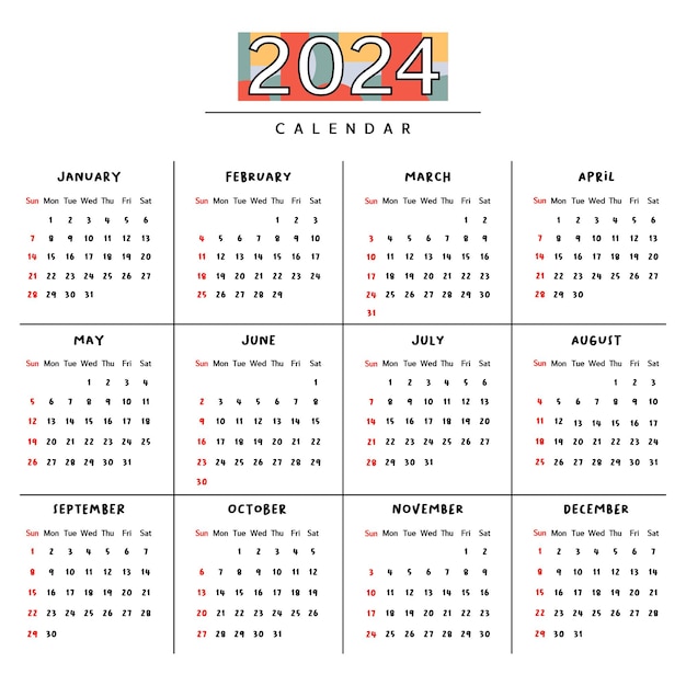 Vettore modello di calendario inglese per il 2024 per organizzare i programmi degli eventi