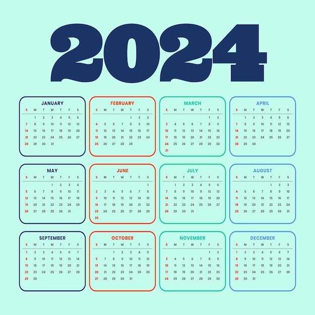 Vettore template di calendario colorato inglese per il 2024