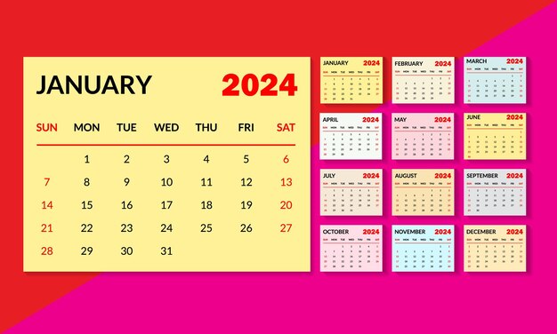Vector 2024 english typographic calender template coloring design week starts from sunday