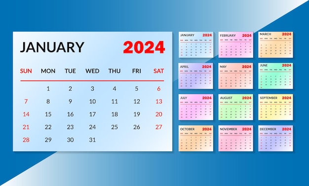 2024 english typographic calender template gradient design week starts from sunday