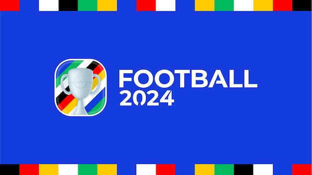 2024 football championship vector logo. Football or soccer 2024 logotype emblem on not official blue background with country flag colourful lines. Sport football logo with cup trophy.