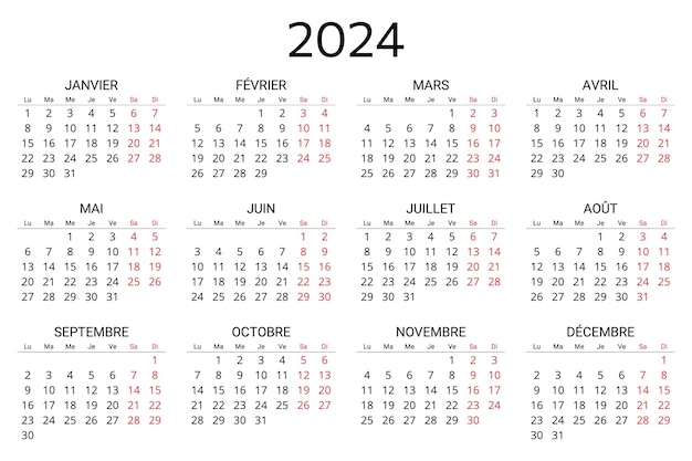 Vector 2024 french calendar printable editable vector illustration for france 12 months year calendrier