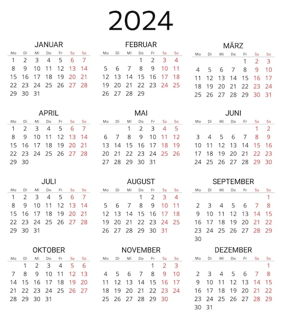 2024 년 독일 달력 인쇄 가능한 편집 가능한 터 일러스트레이션 12 개월 년 달력 프리미엄 벡터