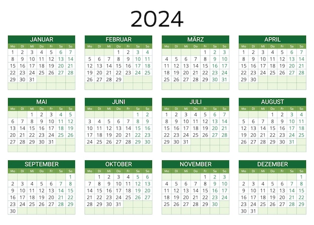 ベクトル ドイツの2024年のカレンダー ドイツの印刷可能な編集可能なベクトルイラスト 12ヶ月年カレンダー