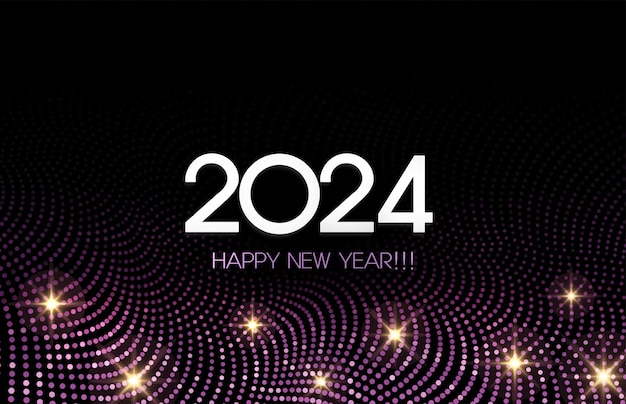 2024 happy new year elemento di design ondulato con punti dorati viola lucidi astratti