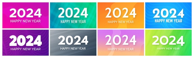 2024 Happy New Year backgrounds Set of eight modern greeting banner templates with white 2024 New Year numbers on colorful abstract backgrounds with lines Vector illustration
