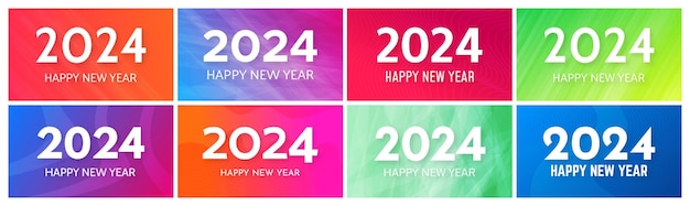 2024 Happy New Year backgrounds Set of eight modern greeting banner templates with white 2024 New Year numbers on colorful abstract backgrounds with lines Vector illustration