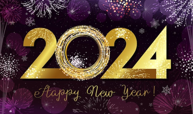 2024 A Happy New Year beautiful greeting card design. Shiny 3D gold number 20 24. Isolated graphic.