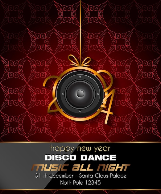 2024 Happy New Year disco club flyer with colorful elements Ideal for poster and music background