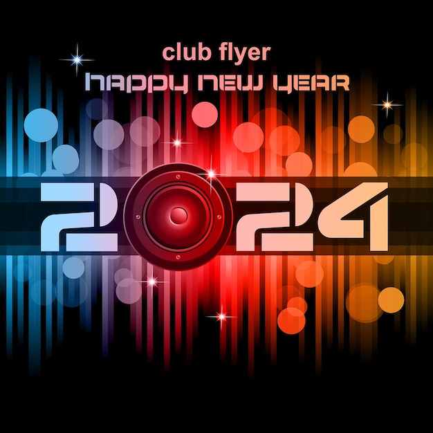 Volantino discoteca happy new year 2024 con elementi colorati ideale per poster e musica di sottofondo