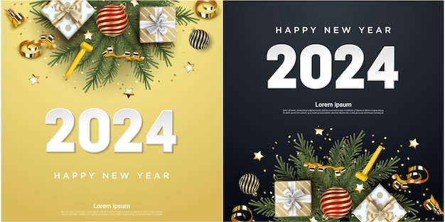 Вектор Счастливого нового года 2024 года праздничная реалистичная декорация набор праздничной вечеринки 2024 года на квадратном фоне