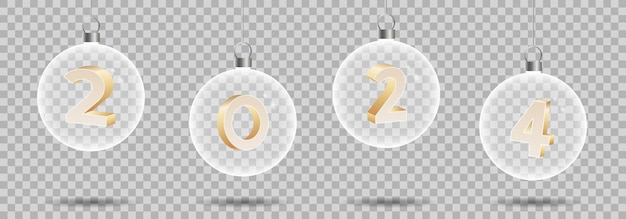 2024 Happy New Year Golden number in glass ball ornament Holiday Xmas and New Year decoration Transparent ball Christmas decoration on transparent background Vector illustration