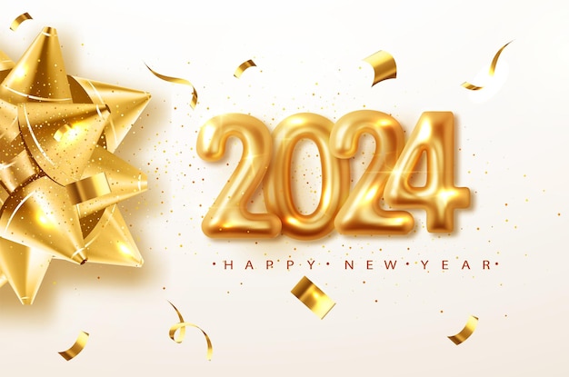 2024 felice anno nuovo sfondo di auguri con fiocco dorato illustrazione vettoriale di natale