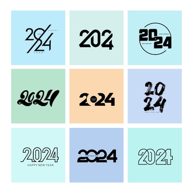 2024년 해피 뉴 이어 로고 디자인 2024년 숫자 텍스트 디자인 템플릿 세트 2024년 크리스마스 컬렉션 다이어리 노트북 달력용 블랙 라벨 로고가 있는 새해 복 많이 받으세요 벡터 그림