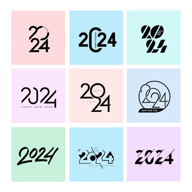 2024 新年あけましておめでとうございますロゴ デザイン 2024年番号テキスト デザイン テンプレートのセット