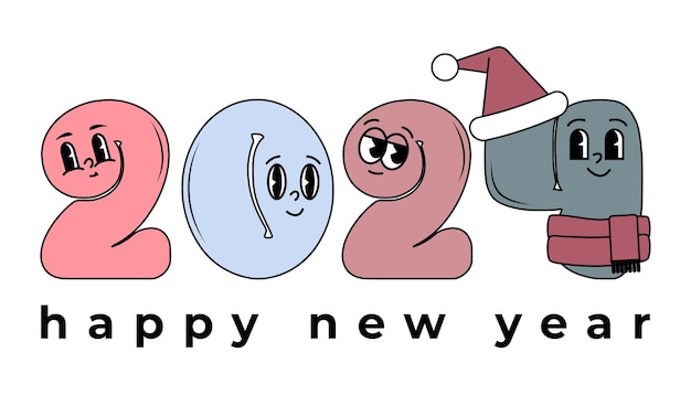 2024 새해 복 많이 받으세요 로고 텍스트 디자인 멋진 복고풍 스타일의 귀여운 캐릭터 2024 숫자 디자인 세트