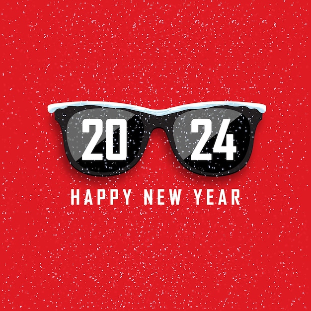 2024 Happy New Year and Merry Christmas Black hipster sunglasses on snowfall background