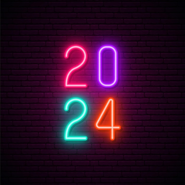 Vector 2024 happy new year neon signboard multicolored numbers glowing