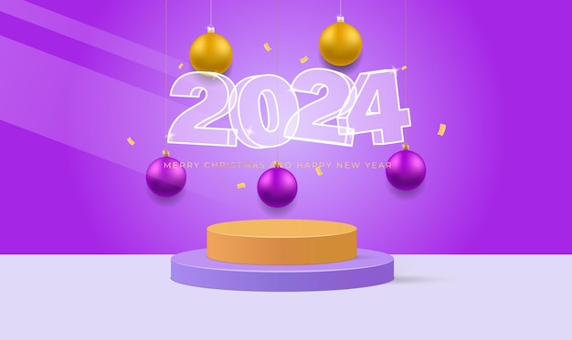 2024 happy new year realistic 3d podium room celebrate party 2024 christmas balls load party concept xmas poster banner cover card brochure flyer design vector illustration