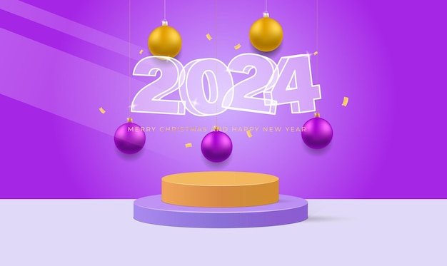 2024 Happy New Year Realistic 3d podium room Celebrate party 2024 Christmas balls Load party concept Xmas Poster banner cover card brochure flyer design Vector illustration