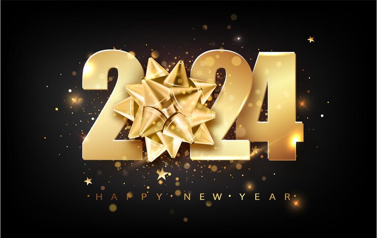 Vector 2024 happy new year vector background with golden gift bow confetti white numbers winter holiday greeting card design template christmas and new year posters