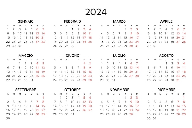 2024 italian calendar printable editable vector illustration for italy 12 months year calendario