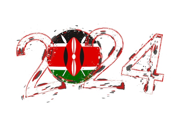 2024 Jaar in grungestijl met vlag van Kenia