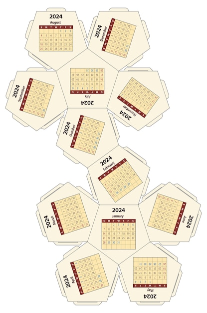 2024 kalender dodecaëder papier gesneden sjabloon vector