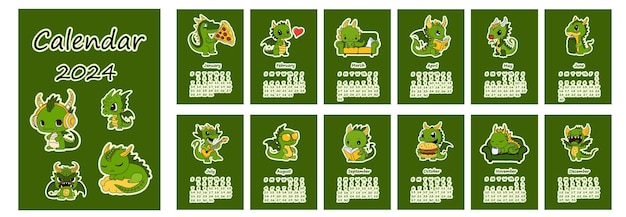 2024 kalender met ontwerp van groene draken Kalender planner minimale stijl jaarlijkse organisator Vector