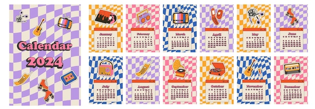 2024 kalender met Retro stickers ontwerp Kalenderplanner minimale stijl jaarlijkse organisator