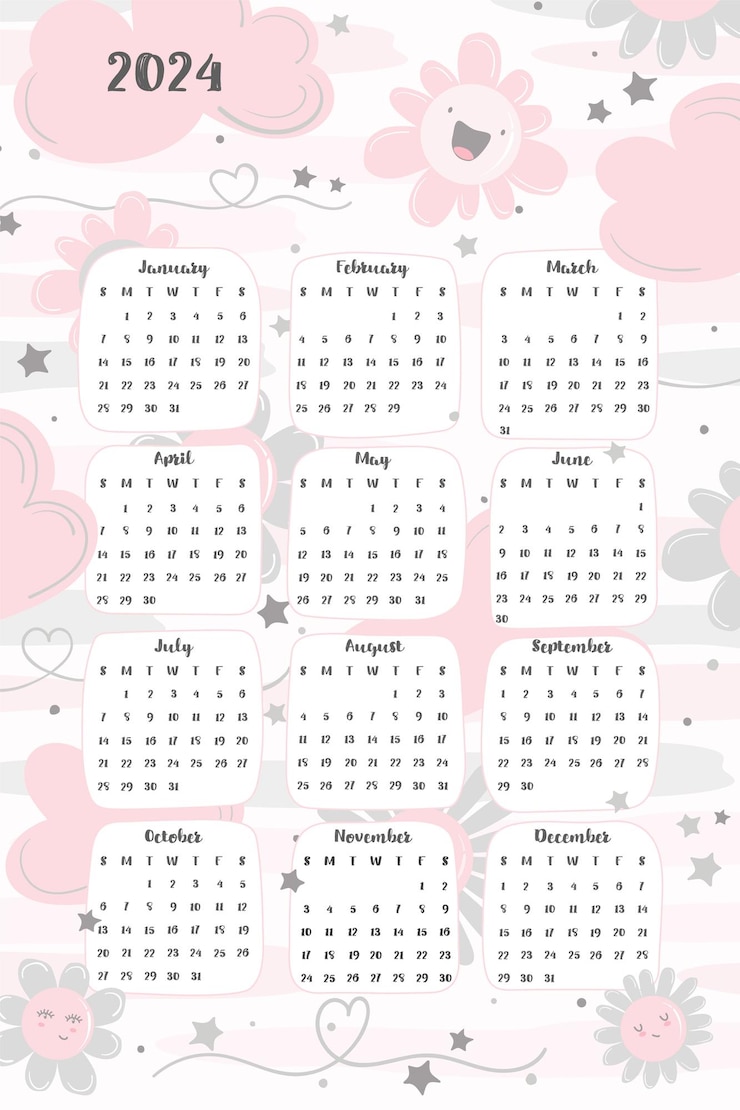 Vector 2024 kalender met roze wolken en lachende bloemen in bleke pastelkleuren. vectorillustratie