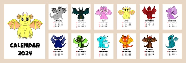 2024 kalender met schattige kleine draken 2024 kalender A4 weekstart zondag Doodle draak gekleurde omtrek vectorillustratie