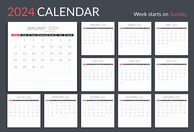 2024 Kalender sjabloon planner 12 pagina's week begint op zondag vectorillustratie eps10