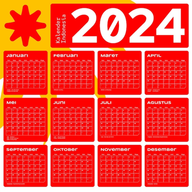 2024 Kalender voor Indonesische vectorsjabloon Mock up Weekstart zondag kalender indonesië