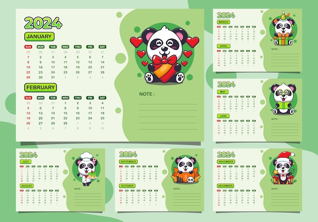 2024 kalenderjaar met schattig panda personage