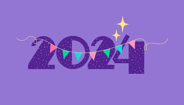 2024 logo met handgetekende stippen op lila achtergrond. Vectorillustratie voor nieuwjaarsdecoratie