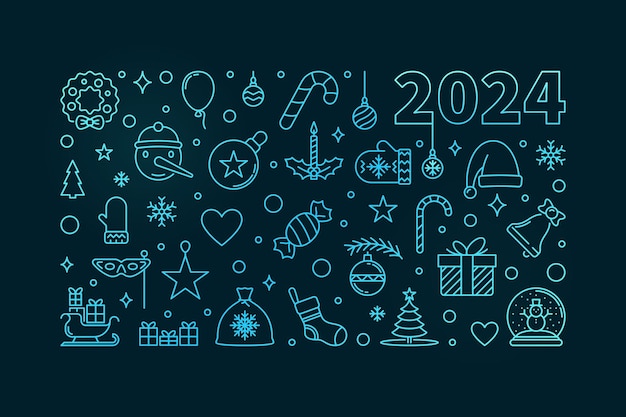 2024 Merry Xmas gekleurde horizontale banner in dunne lijnstijl vector Happy 2024 Nieuwjaar illustratie met donkere achtergrond