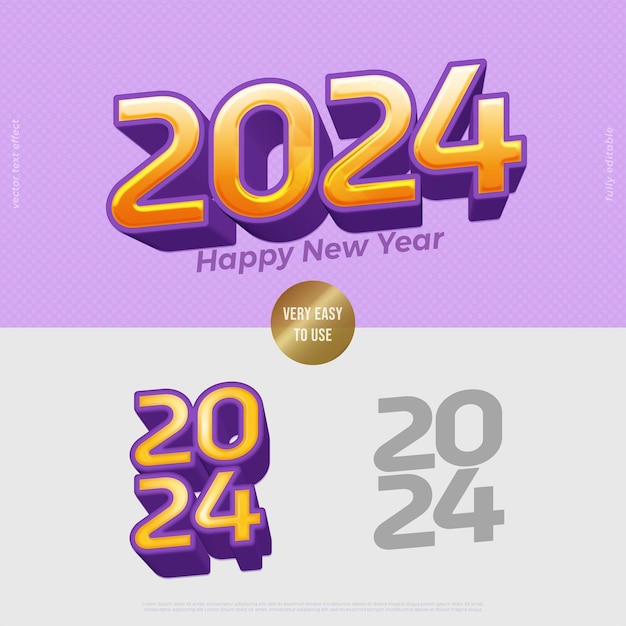 2024 met een combinatie van paars en geel in de letters vector 3D bewerkbare tekst effect