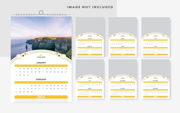 Vettore design del modello di calendario da parete moderno 2024
