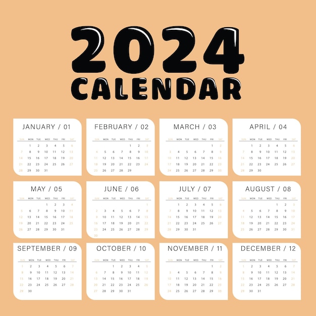 사무실 책상 또는 벽  ⁇ 터에 대한 2024 월 달력 템플릿